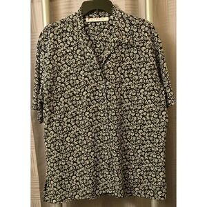 Chaus‎ Sz 10 Women Black & White Floral V-Neck Blouse Collared Neck Short Sleeve